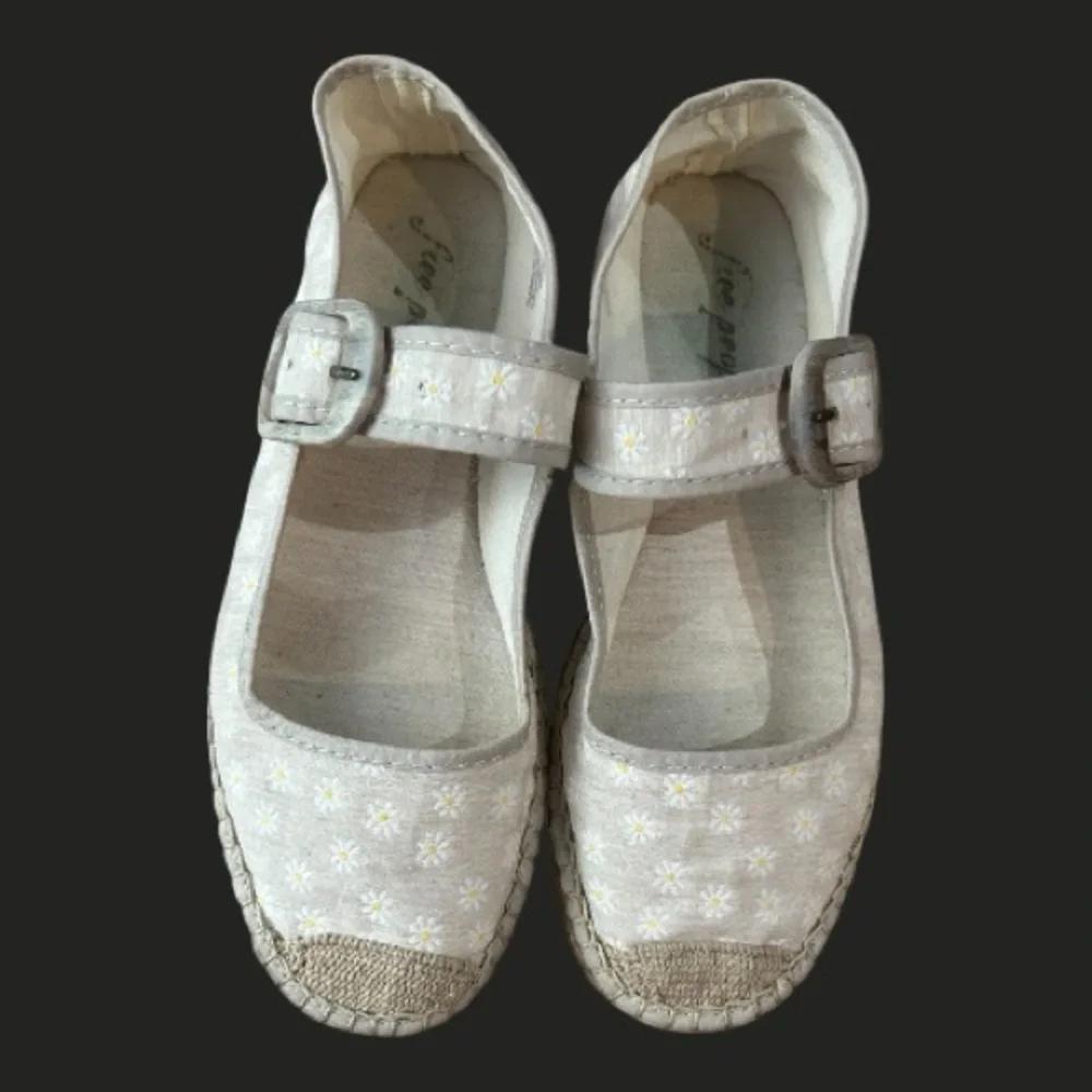Free People Cream Espadrille Mary Janes with White Floral Embroidery